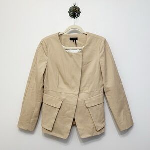 Donna Karen New York Beige Collarless Split Front Patch Flap Blazer Jacket Sz 8